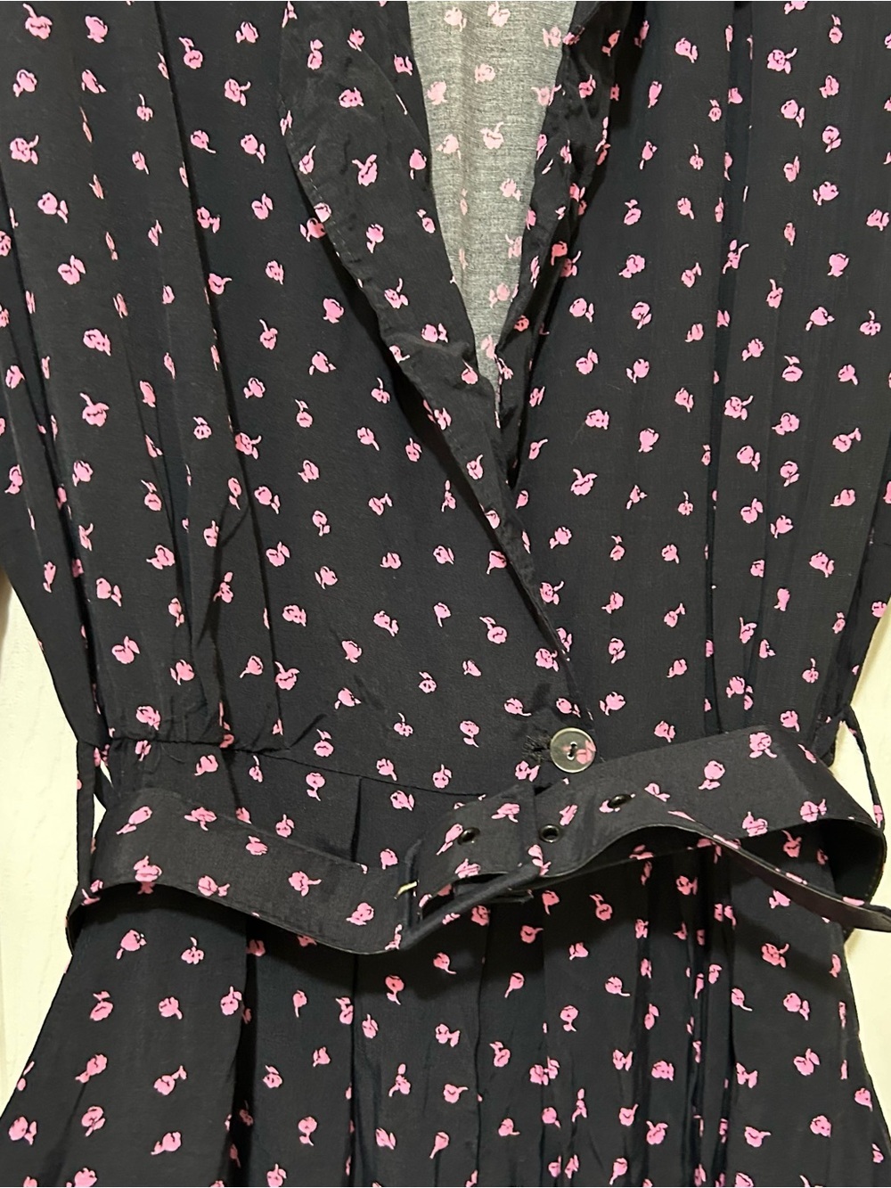 Vintage Black Pink Floral Dress Retro Belted Rayon The Traveler by Connie Sz 14 - Picture 5 of 7